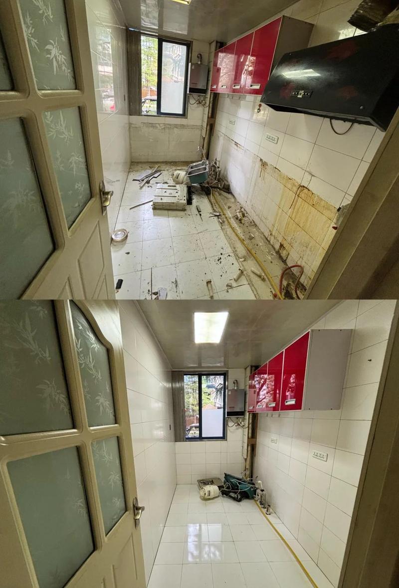 老旧厨房发黑瓷砖缝清洁前后对比图