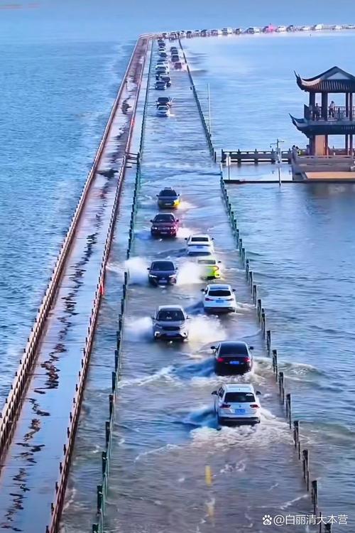 网红自驾游水上公路现实对比失望场景
