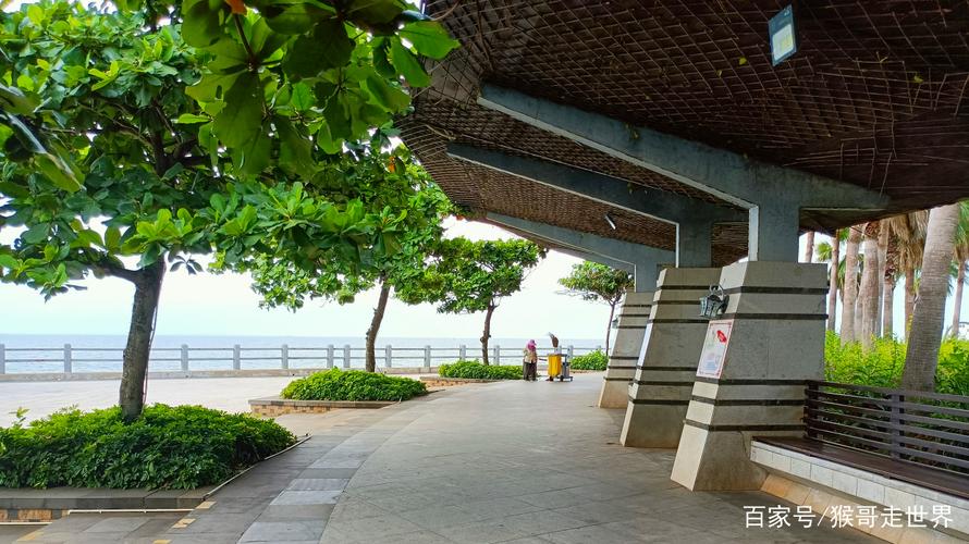 蜈支洲岛滨海步道旁三角梅环绕的休息亭