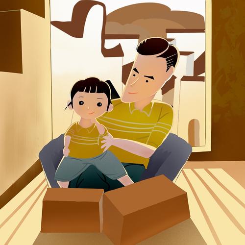 疲惫的爸爸靠在沙发上 和怀里的幼儿一起看挖掘机绘本 客厅场景