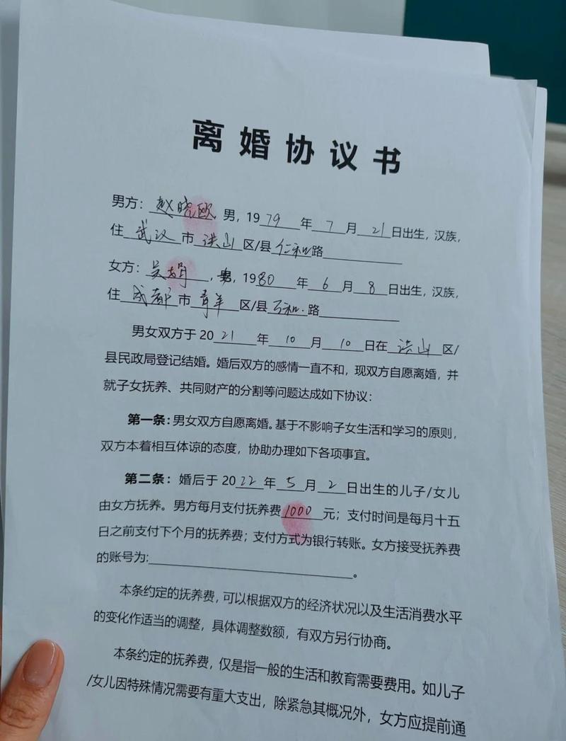 离婚协议探视权条款手写示例