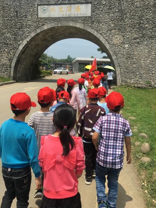 小学研学队伍在古窑址举着校旗集体打卡