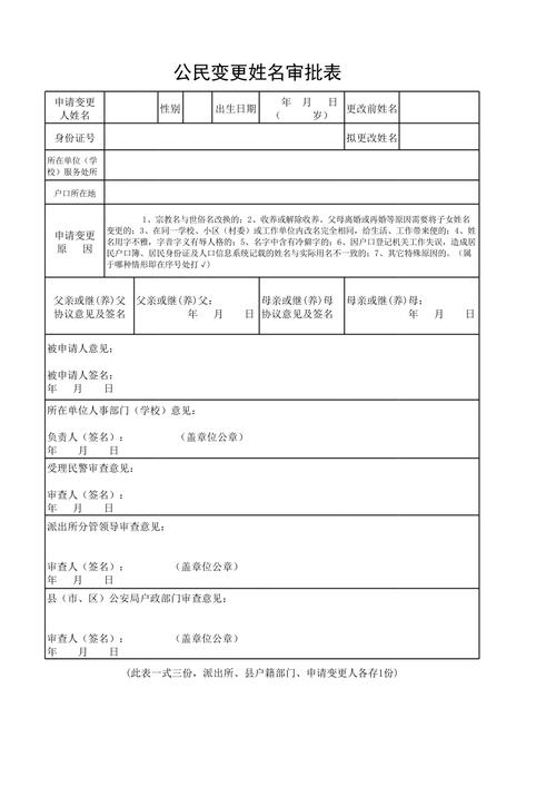 公民姓名变更申请表格填写示例