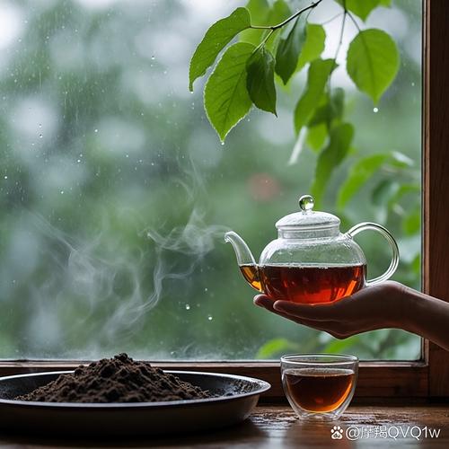 雨天傍晚窗边一杯热茶的水汽特写图