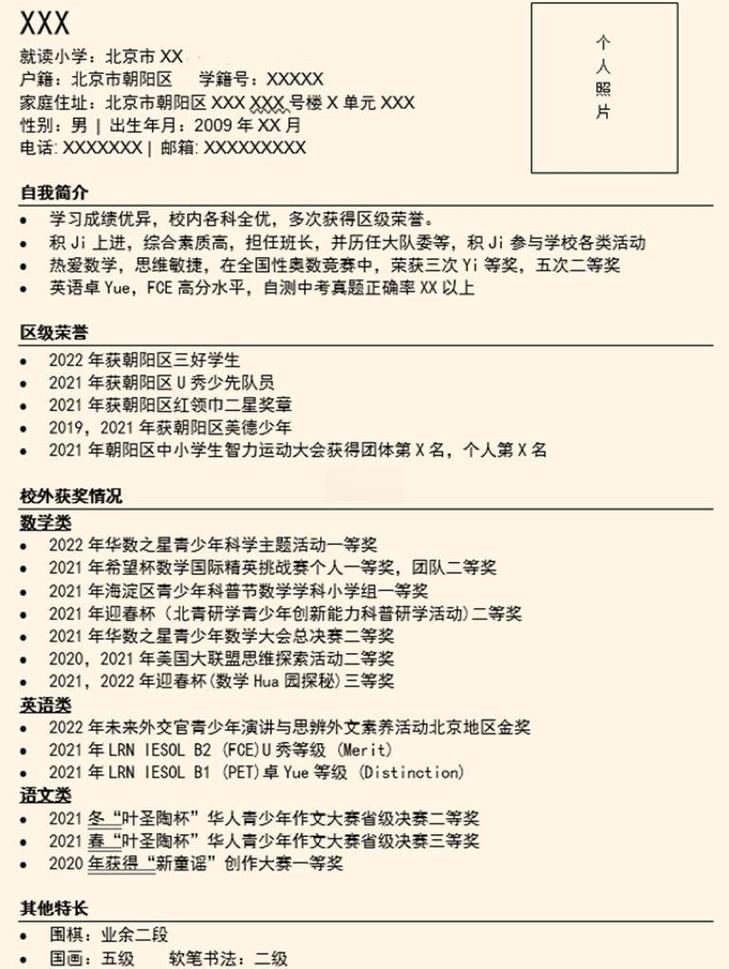 小升初升学落地个人简历核心板块示例