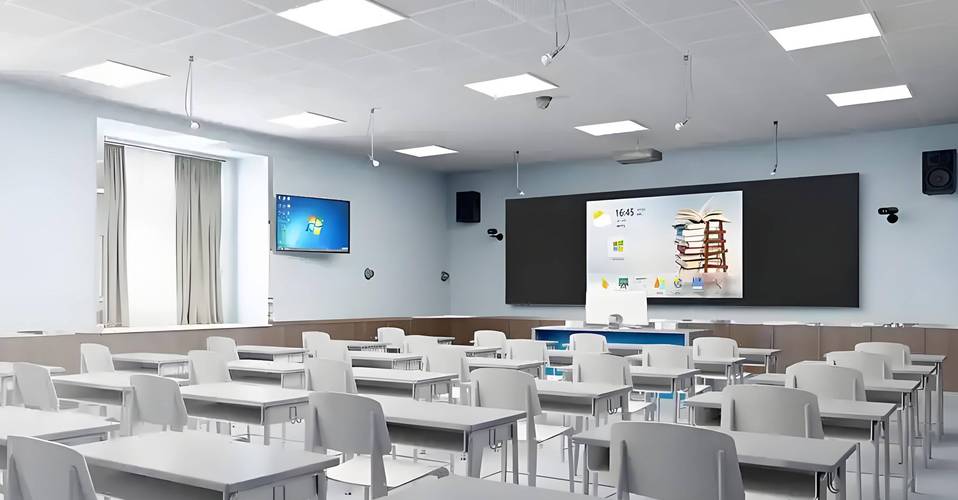 教室场景 投影屏幕显示侦探剧情化学课 学生举手抢答
