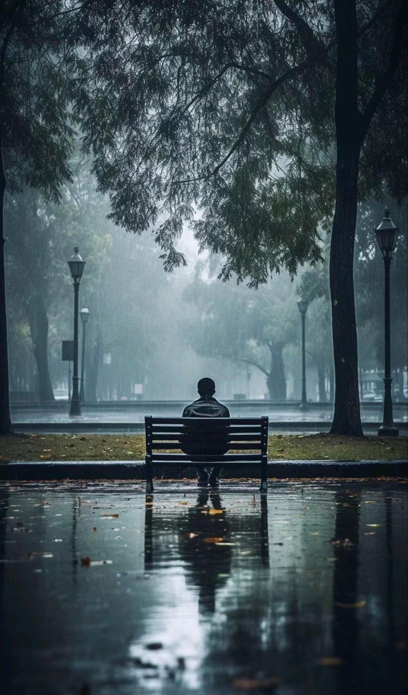 雨中长椅陌生人并肩坐着看手机