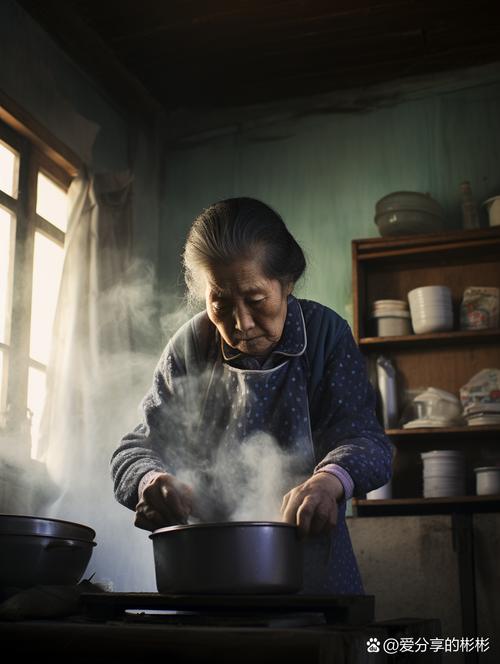 奶奶在传统厨房手工筛米粉特写镜头温馨光线
