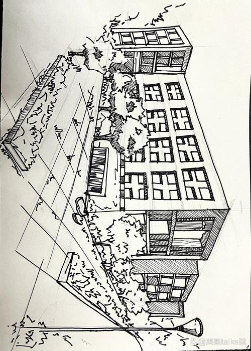 中学美术课学生户外S形构图写生作品