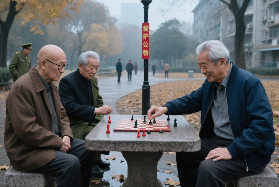老爷子穿新唐装和老伙伴公园下棋合照