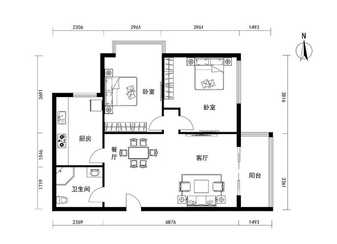 90平小户型全屋主通道宽度标注示意图