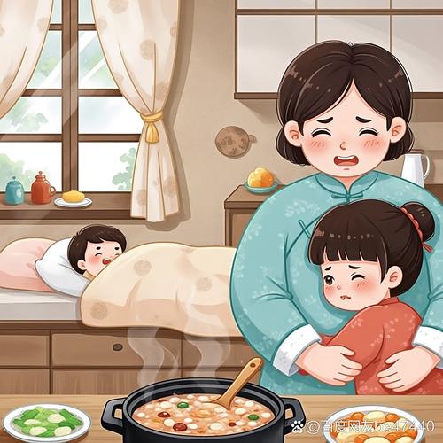 中国家庭老人追着孩子喂饭的日常场景插画