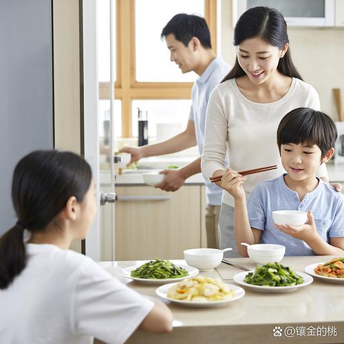 厨房里一家人一起做饭的欢乐场景