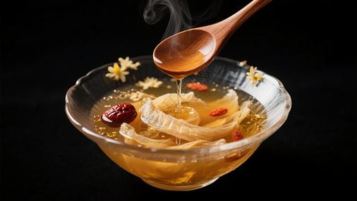 木勺盛热汤水汽升腾特写图