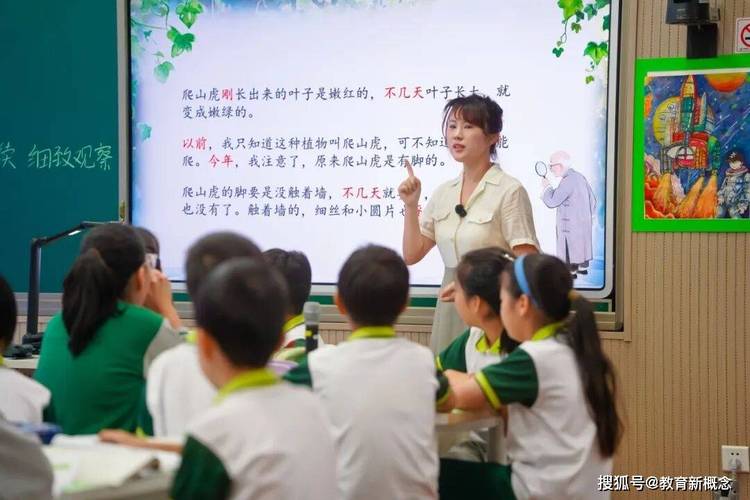 小学语文公开课上老师手持仿真爬山虎教具讲课的现场