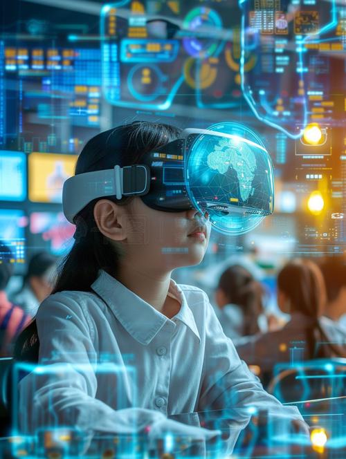 中学生戴着VR头显在虚拟实验室做化学实验