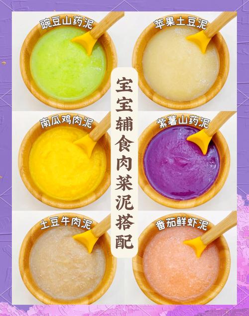 多种宝宝辅食初期食材摆放铁质丰富的红肉泥和蔬菜
