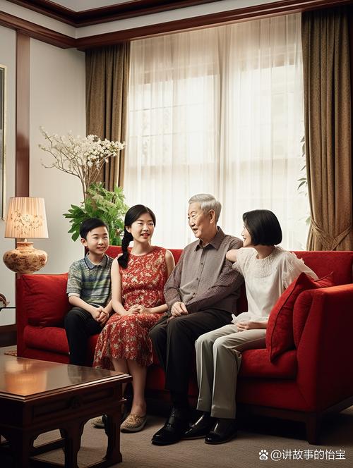 妈妈坐在中间的全家福温馨场景