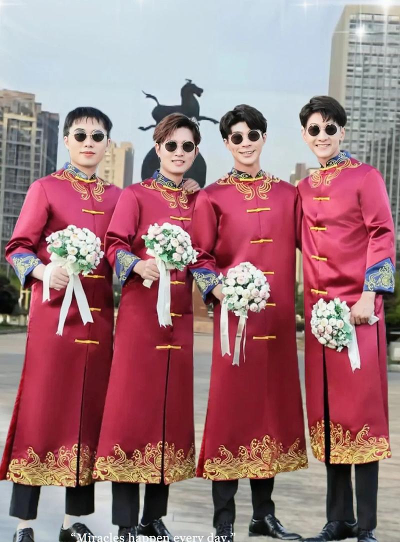 新中式婚礼兄弟团服藏青长袍配黑裤