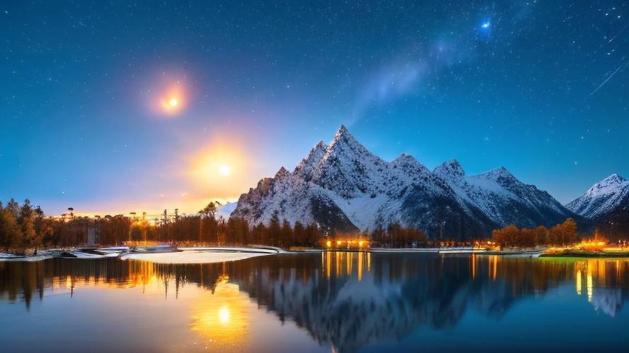 专业摄影拍摄的带有前景的山峰和月晕