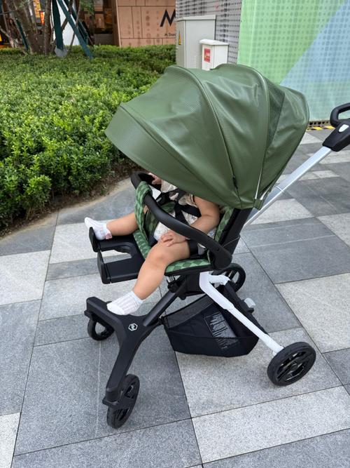 婴儿车推过公园平滑路面特写,轮子与地砖缝隙对比