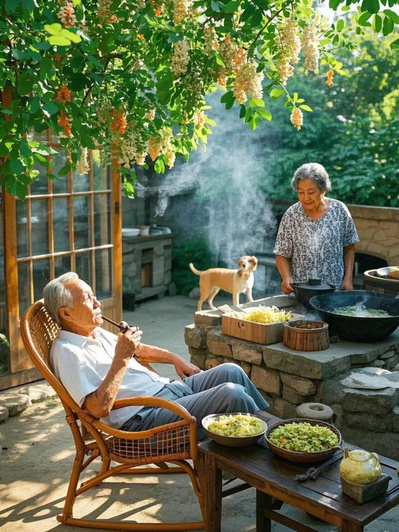 乡村傍晚炊烟袅袅,老人在树下乘凉聊天的宁静场景