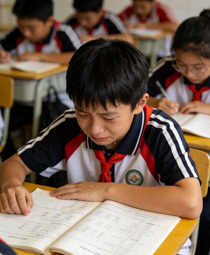 小学生趴在书桌前对着语文试卷皱眉的实拍图