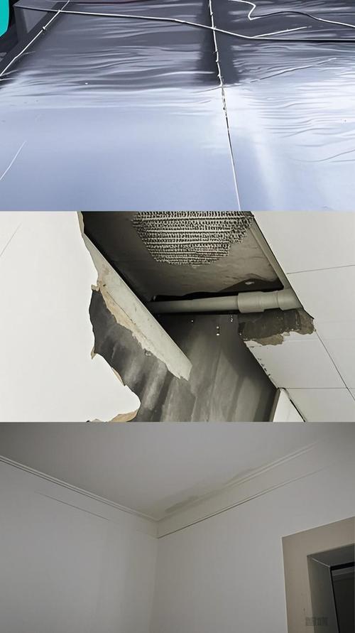楼下厨房铝扣板吊顶被漏水浸出的黄渍实拍