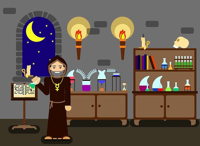 古代炼金术士实验室与现代科研实验室对比的隐喻插画