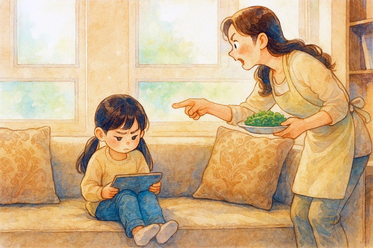 疲惫的妈妈坐在凌乱客厅看着手机,育儿同行者概念图