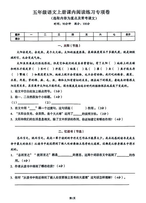 小学五年级语文试卷语言文字运用题型答题页
