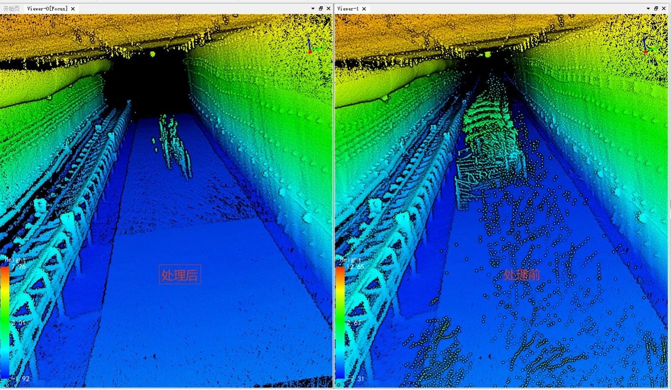 建筑外立面激光扫描点云人工清洗前后对比图