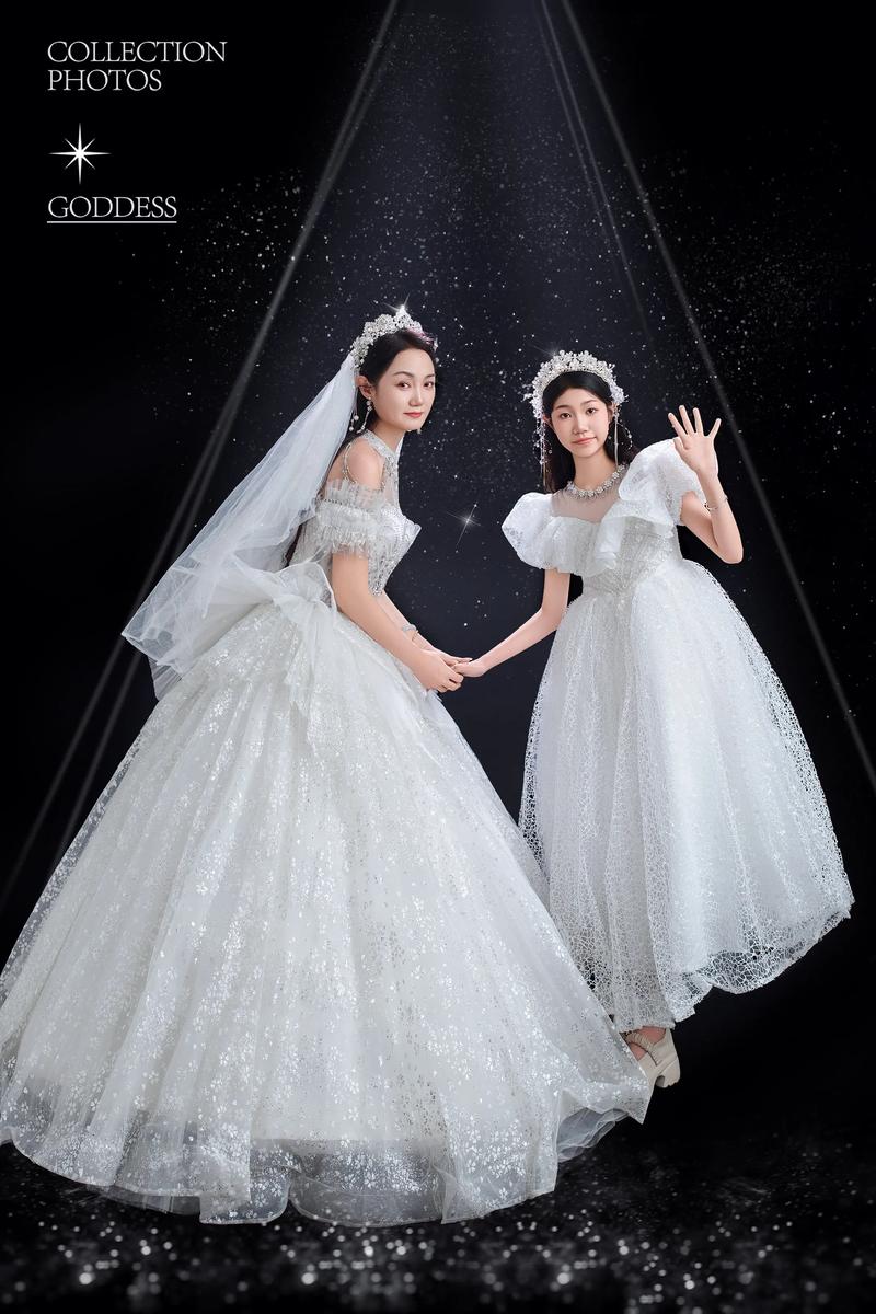 婚礼母女香槟色亲子长裙墨绿腰带