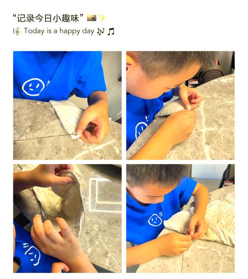 学生在劳动课上学习缝纽扣
