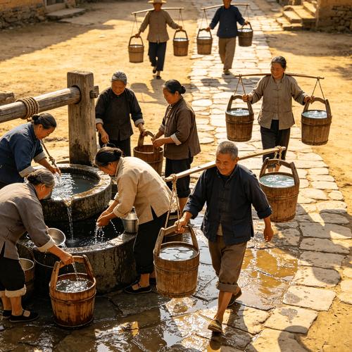 传统老水井旁居民打水生活场景