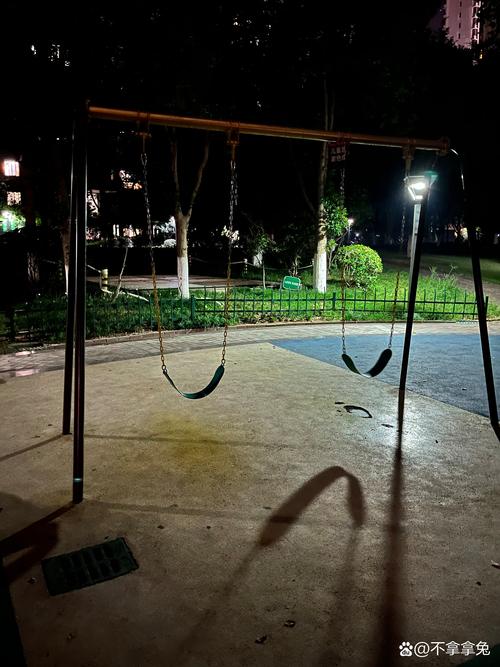 夜晚公园空无一人的秋千情景