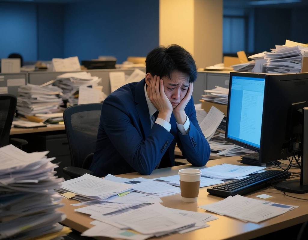 职场人独自熬夜加班面对一堆文件神情疲惫