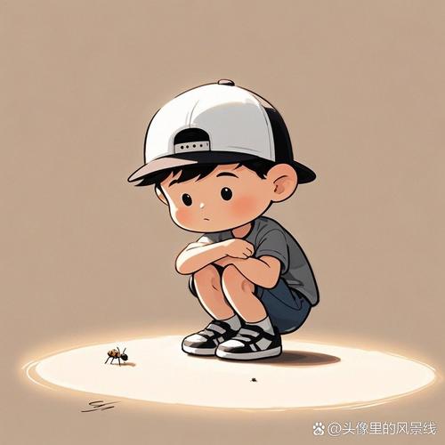 小男孩蹲在树下看蚂蚁搬家的侧影