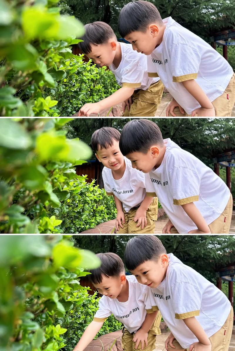 父亲和孩子一起在雨后观察蜗牛慢养