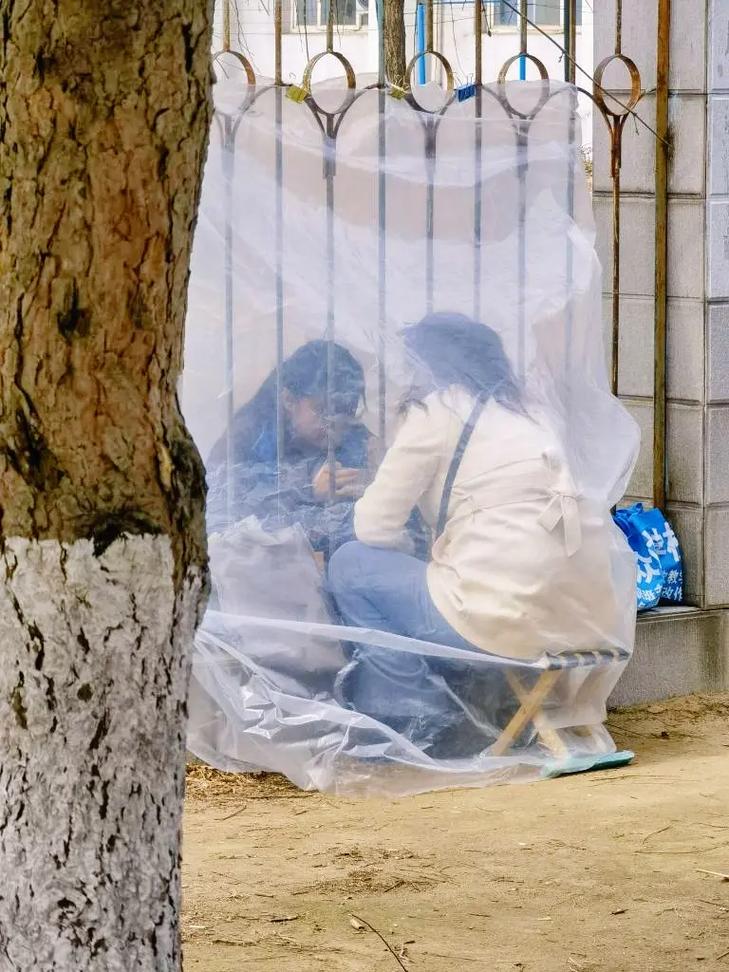 中学门口家长隔着围栏递东西的佝偻背影