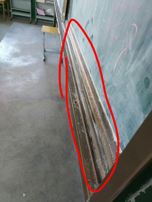 小学教室粉笔槽里夹着的小学生手写皱纸条特写