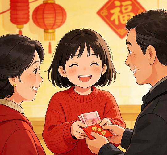春节孩子收压岁钱家庭场景图
