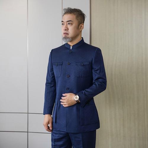 改良版新郎中山装深蓝色羊毛定制