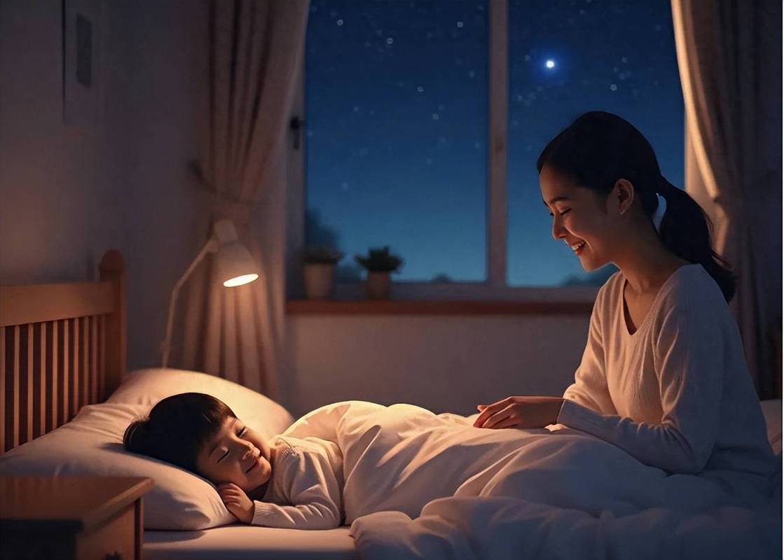 妈妈和孩子深夜床头聊天复盘考试成绩场景照片