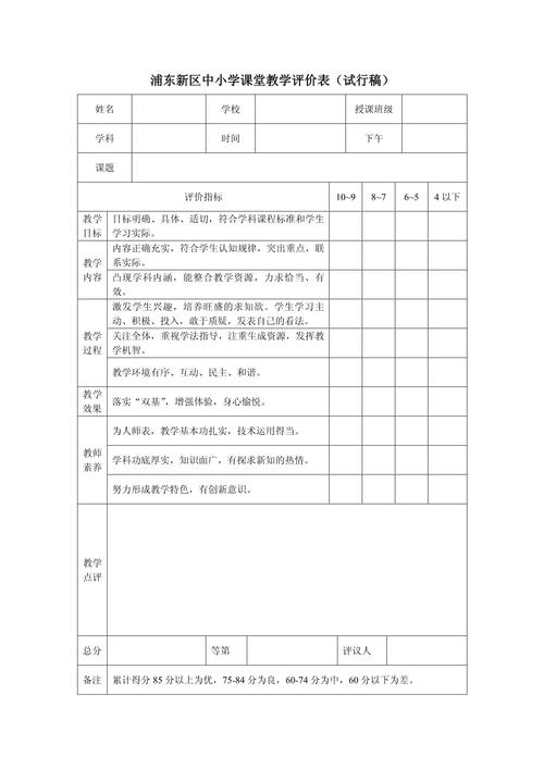 中小学课堂增值评价学生表现记录卡