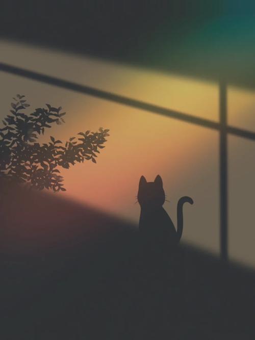 工厂窗外晨光中母猫叼着小猫的剪影