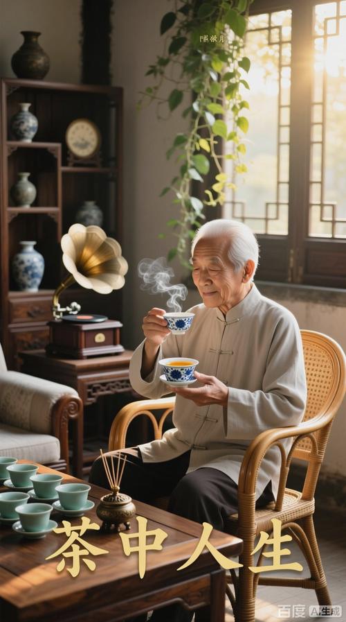 老人在家和照顾自己的晚辈喝茶聊天场景