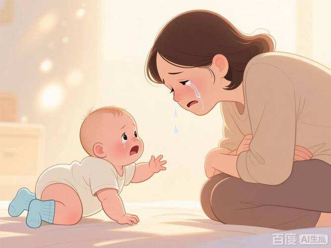 厨房中焦头烂额的妈妈抱着哭泣婴儿