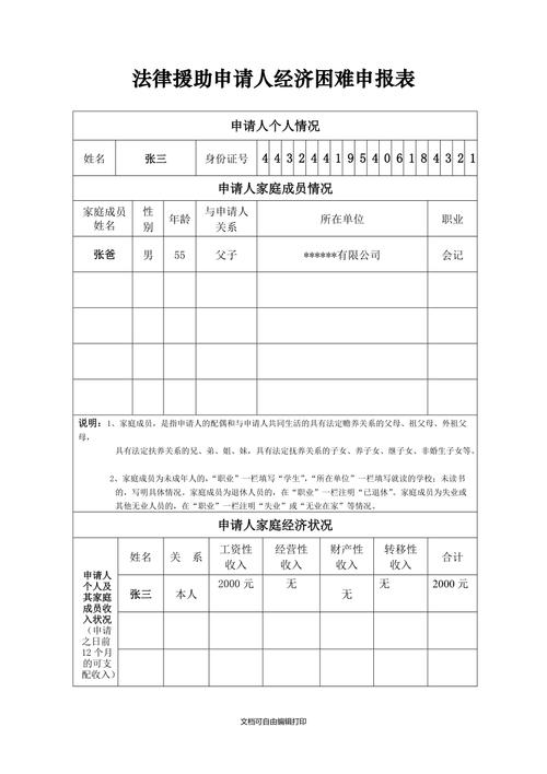 法律援助经济困难证明申请表格填写示例