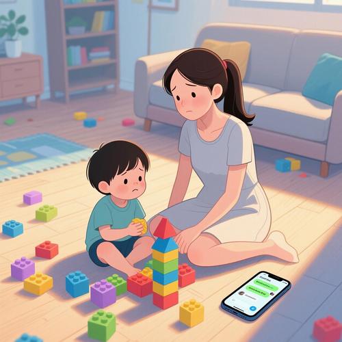 孩子专注搭乐高没听见妈妈喊吃饭的场景插画